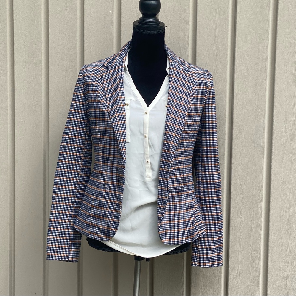 Blue, Orange, and Cream Plaid Blazer